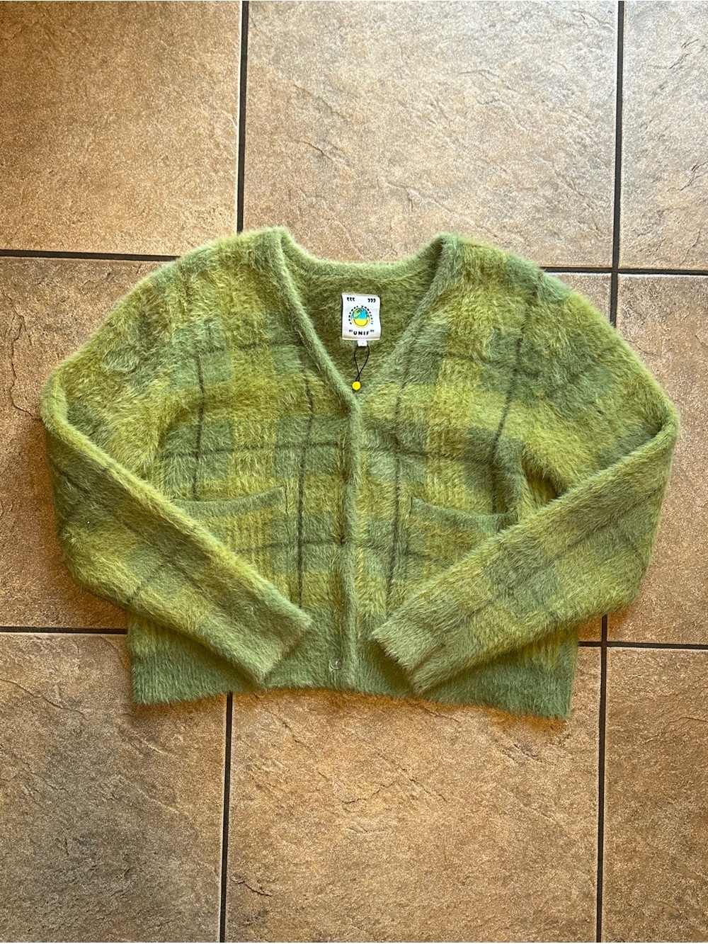 UNIF Green Fuzzy Plaid V-Neck Cardigan